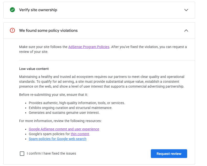 Google AdSense rejection notice reading 'Low value content' for adsenseverifier.com